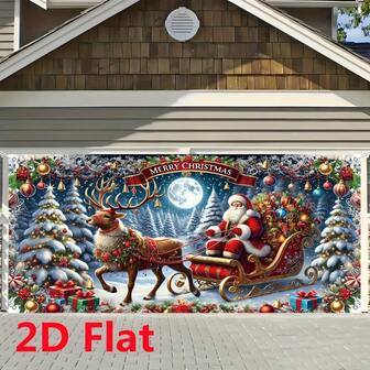 2D Flat Merry Christmas Garage Banner - Santa Claus, Reindeer And Tree Design | Durable Outdoor Decoration, Suitable For Homes, Walls, Courtyards Without Electricity, Holiday Home Decoration, Durable, Holiday Art, Long-Lasting Wall Decoration, Holiday Decorator, 2D Flat