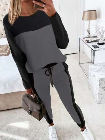 2件套休闲拼布撞色长袖圆领T恤和裤子套装