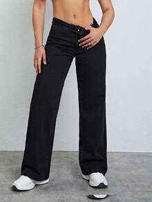 少女直筒黑色牛仔裤 - 黑色 - 查看 4