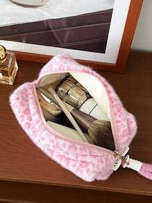 AGG Pink Leopard Print Plush Makeup Bag With Wrist Strap, Large Capacity Zippered Storage Pouch, Women's Portable Travel Toiletry Bag - Multicolor - View 4