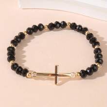 1 Simple Retro Stainless Steel Cross Crystal Beaded Elastic Bracelet Suitable For Men And Women - Blue - View 1