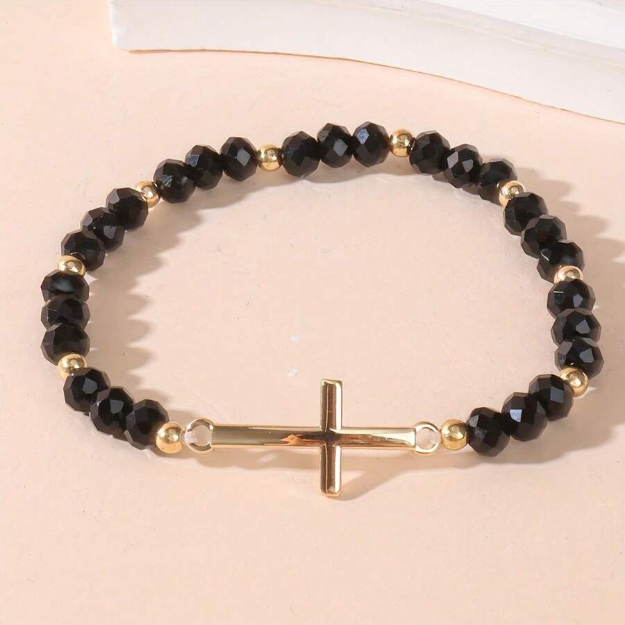 1 Simple Retro Stainless Steel Cross Crystal Beaded Elastic Bracelet Suitable For Men And Women - Blue - View 1
