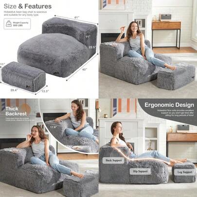 Hobestluk Bean Bag Chair Giant Bean Bag Chair With Ottoman For Adults Beag With Memory Foam Filled Plush Lazy Sofa Chair With Footstool For Living Room Bedroom Or Apartment Grey