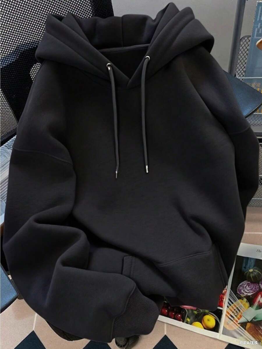 Sudadera unisex casual con bolsillo tipo canguro, capucha y cordón ajustable, estilo holgado, cuello redondo, manga larga, ideal para otoño e invierno, perfecta para uso diario - Negro - Ver 1
