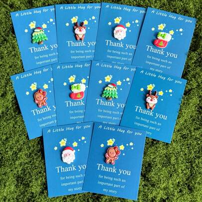 10pcs Pocket Hug Cards With Resin Charms - Festive Miniature Gratitude Gifts For Holiday Occasions, Featuring Reindeer, Christmas Tree, Santa, And Gingerbread Man, No Electricity Needed, Featherless