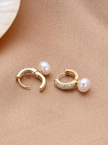 1 Pair 18K Gold Plated Natural Pearl & Cubic Zirconia Earrings, Gift For Mother's Day, Valentine's Day, Birthday, Wedding, Engagement, Bridal - White - View 3