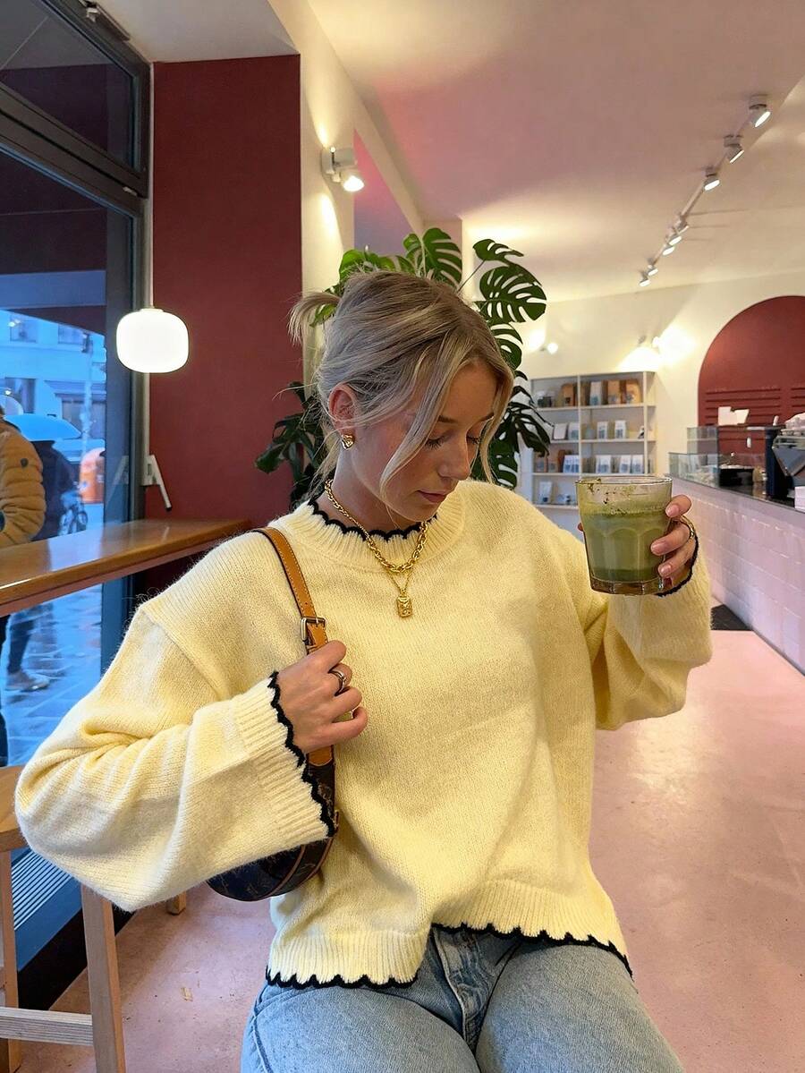 HoloChill Women Round Neck Dropped Shoulder Long Sleeve Loose Casual Sweater PulloverFall Outfit Summer Casual