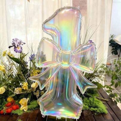 2个超大彩色透明数字造型铝箔气球，配24英寸彩色蝴蝶结装饰，适用于生日派对、户外活动、周年纪念、节日、宴会庆典氛围营造和背景装饰、情人节、新年装饰、活动策划。