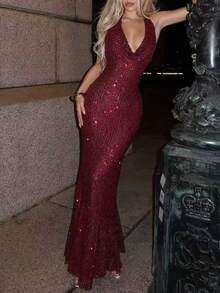 StyleQye 女士优雅简约精致法式时尚闪亮派对露背拉链连衣裙、正式晚礼服、约会之夜 - 中紫紅色 - 查看 3