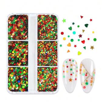 6 Compartments Christmas Mixed Color Mini Nail Sequins, Heart, Star, Round Flakes, Autumn/Winter Glitter Decoration, Christmas Ornaments, Resin Filler