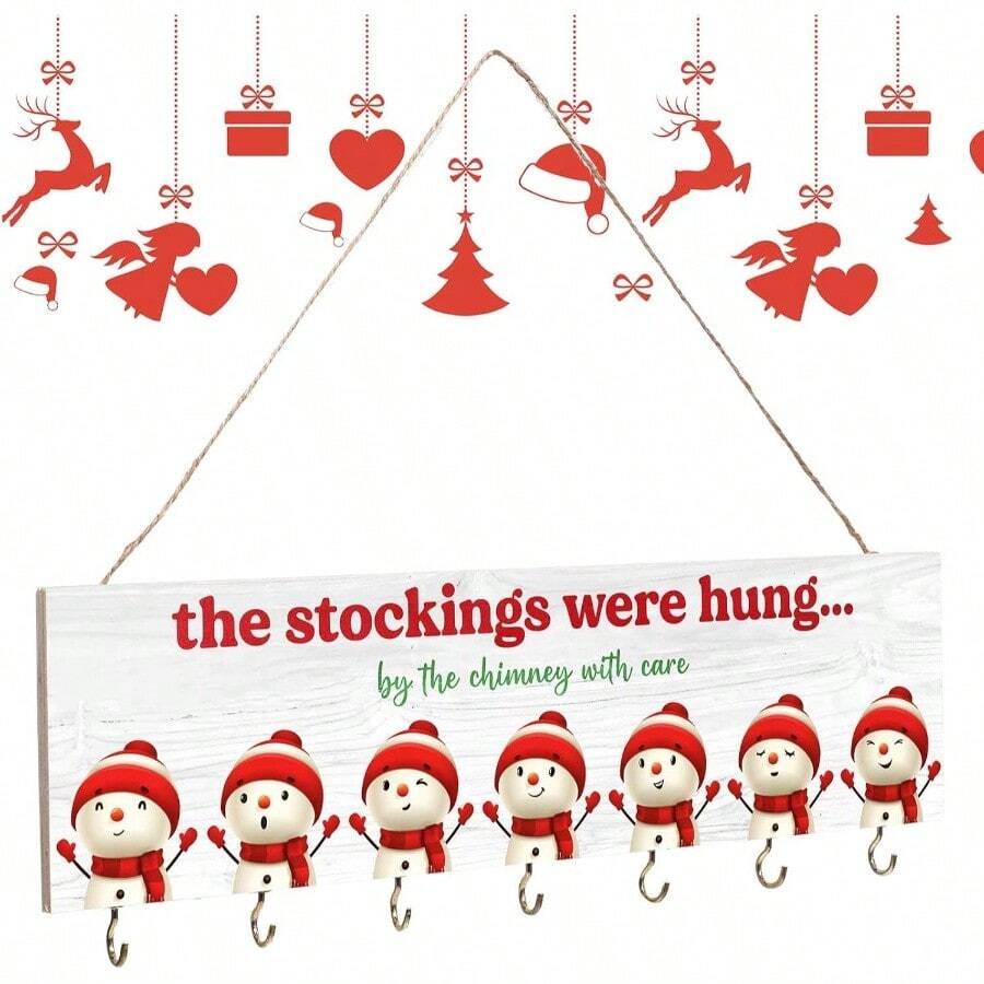 Stocking Holder With Hangers - Wooden Organizer Sign '' Stockings Were Hung' - Xmas Mantel Snowmen Wall Mount Hanging Hook Mantel Truck