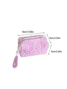AGG Pink Leopard Print Plush Makeup Bag With Wrist Strap, Large Capacity Zippered Storage Pouch, Women's Portable Travel Toiletry Bag - Multicolor - View 6