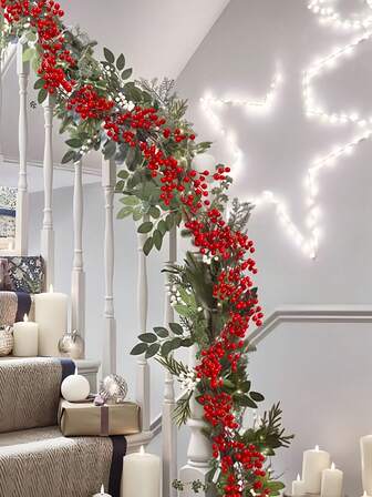 2 PIEZAS Guirnalda de bayas navideñas de 190 cm/74,8 pulgadas, decoración artificial para interiores y exteriores, puerta, chimenea, decoración flexible para invierno, Navidad, Año Nuevo, decoración para jardín, puerta principal, hogar, alféizar de ventana (bayas rojas)