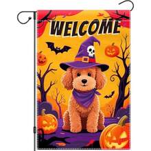 Halloween Teddy Dog Garden Flag 12x18 Double Sided For Outside Scary Pumpkin Yard Flag Burlap Yard Animal Flags Witch Hat Outdoor Fall Holiday Home Seasonal Decorations# DOUYYY