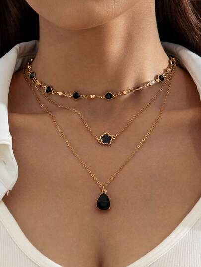 imoli 2pcs/Set Minimalist Rhinestone Tassel Chain Pendant Necklace Set, Layered Geometric Floral Charm Necklace, Casual Party Gift (Handmade Chain, Customized Rhinestone Quantity)