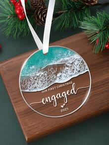 1pc Our First Christmas Engaged 2025, Car Rearview Mirror Ornament, Christmas Car Decor, Ocean Style Wave Transparent Acrylic Decor, Christmas Tree Hanging Decor, Christmas Wedding Home Ornament For Couples, Xmas Newlywed Engaged Gifts - 1111 - View 7