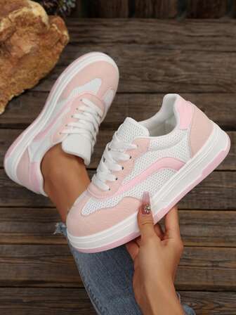 1 Pair Round Toe Casual Sneakers For Teens, Non- Flat Lace-Up Everyday Wear Sports Shoes