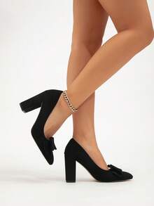 女士新款黑色高跟鞋，优质仿麂皮可爱蝴蝶结简约百搭通勤办公室工作性感派对包头粗跟一脚蹬浅口鞋，四季皆宜 - 黑色 - 查看 3