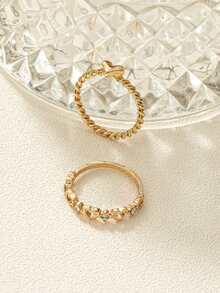 1 套心形和麻花针织图案简约百搭可爱戒指套装，适合日常通勤 - 彩色 - 查看 2