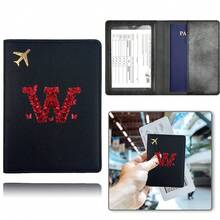 护照夹，PU皮革旅行护照套，防尘，可装银行卡、现金、火车票，便携式卡包，旅行配件，婚礼、情人节礼物，返校必备，26字母图案 - 黑色 - 查看 25