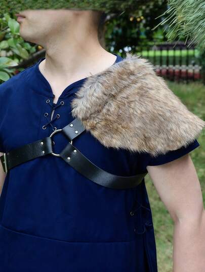 Średniowieczny rycerz naramiennik naramiennik ze sztucznego futra, peleryna ze skórzanymi paskami, pancerz naramienny, peleryna do kostiumu cosplay dla mężczyzn