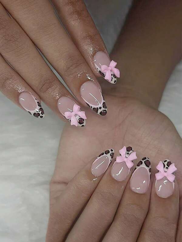 24pcs Medium Shiny Water Drop Leopard Print French Bow Fake Nails, Fashionable Overseas Style