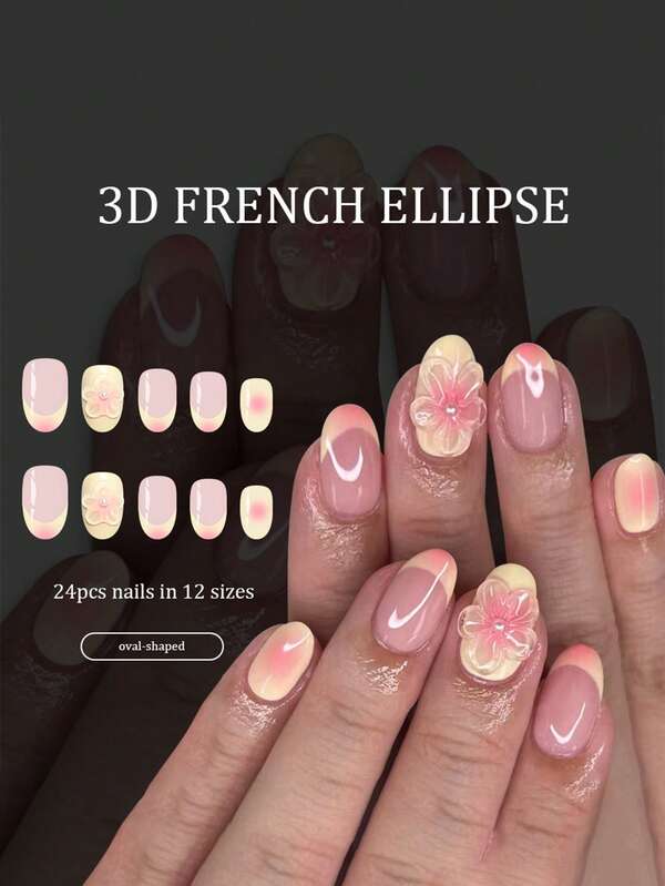 24pcs Shiny Oval European & American Cross-Border Makeup Blush 3D Embossed Floral Pearl Nail Stickers