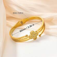 1pc High-Quality 18K Gold Plated Stainless Steel Bangle Bracelet - Inlaid CZ Diamond Heart Pendant, Dual Hollow-Out Design With Beaded Accents, Polished Surface, Spring Clasp Closure, Designed For Women - Suitable For Daily Wear, Formal Events, Anniversary Gifts, And Special Occasions