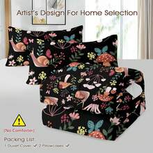 Colorful Mushroom Duvet Cover Set - Queen Size, 3 Piece Aesthetic Mushroom Bedding Set With Wild Plants And Flowers, No Comforter Included - 蝸牛菇 - 查看 4