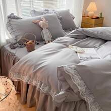 Chic Ruffle Lace Polyester Duvet Cover Set - Girl White Bedding - 2 Piece Twin Comforter Duvet Cover With Zipper Closure - Ultra Soft And Lightweight (White, Twin) - NO Comforter Included - 淺灰色 - 查看 5