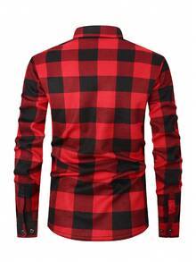 1pc Christmas Gift Men's Flannel Warm Shirt, Casual Plaid Long Sleeve Thickened Thermal Lined Shirt With Pockets For Autumn/Winter - Red - View 3