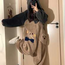 Long-Sleeve Zipper Fleece Party Pajamas COSPLAY Loungewear And Women'S Thickened Plush Hooded Novelty Jumpsuit, Cartoon Bear Hooded Color Block Plush Body Suit, Suitable For Carnival, Halloween And Music Festival - 駝色 - 查看 1