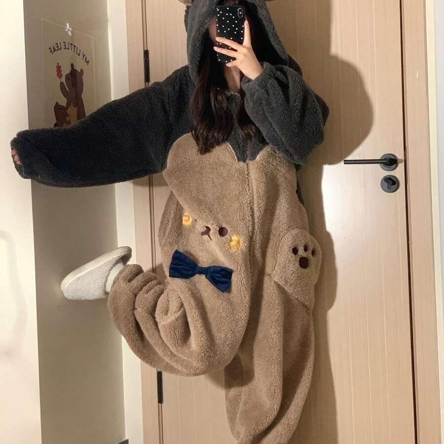 Long-Sleeve Zipper Fleece Party Pajamas COSPLAY Loungewear And Women'S Thickened Plush Hooded Novelty Jumpsuit, Cartoon Bear Hooded Color Block Plush Body Suit, Suitable For Carnival, Halloween And Music Festival - 駝色 - 查看 1
