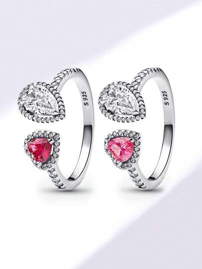 1枚奢华高光泽心形泪滴镶嵌925纯银戒指，优雅珠宝礼品，适合女性日常佩戴、情人节、生日等场合。