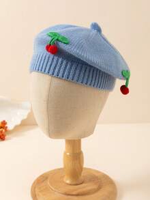 1 pieza Gorro de boina tejido con diseño de cereza lindo para niños, adecuado para usar en otoño/invierno para mantener el calor y para uso diario - A - Ver 31