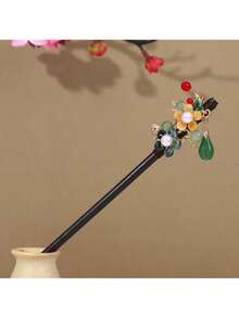 1 件木质花饰发夹，绿色吊坠，黑色木质流苏发夹，古风发夹，适用于旗袍和汉服配饰