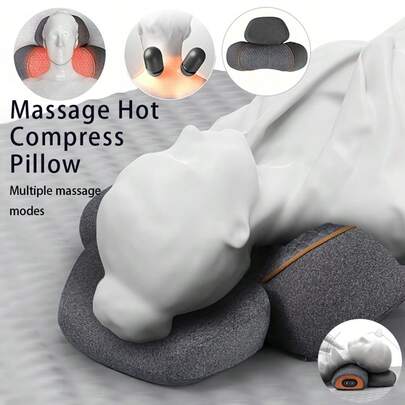 1pc Heated Neck Pillow With 3 Vibration Massage Modes, Neck Support, Constant Temperature Heating, Gray Color, Optimized Comfort Design, Therapeutic Sleep Assistance | Functional Sleep Accessories | Polyester Coverage, Side Lying Pillow