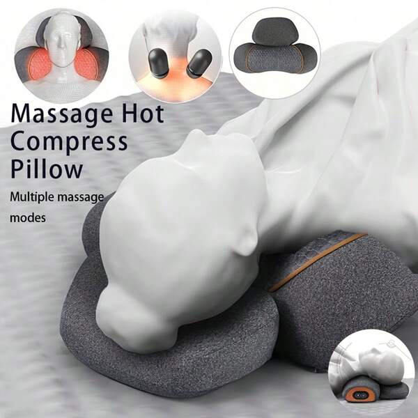 1pc Heated Neck Pillow With 3 Vibration Massage Modes, Neck Support, Constant Temperature Heating, Gray Color, Optimized Comfort Design, Therapeutic Sleep Assistance | Functional Sleep Accessories | Polyester Coverage, Side Lying Pillow
