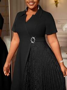 Black Turn Down Collar A Line Dresses Lace Patchwork Short Sleeves Work Business Party Fashion Curve Women - màu đen - Xem 1