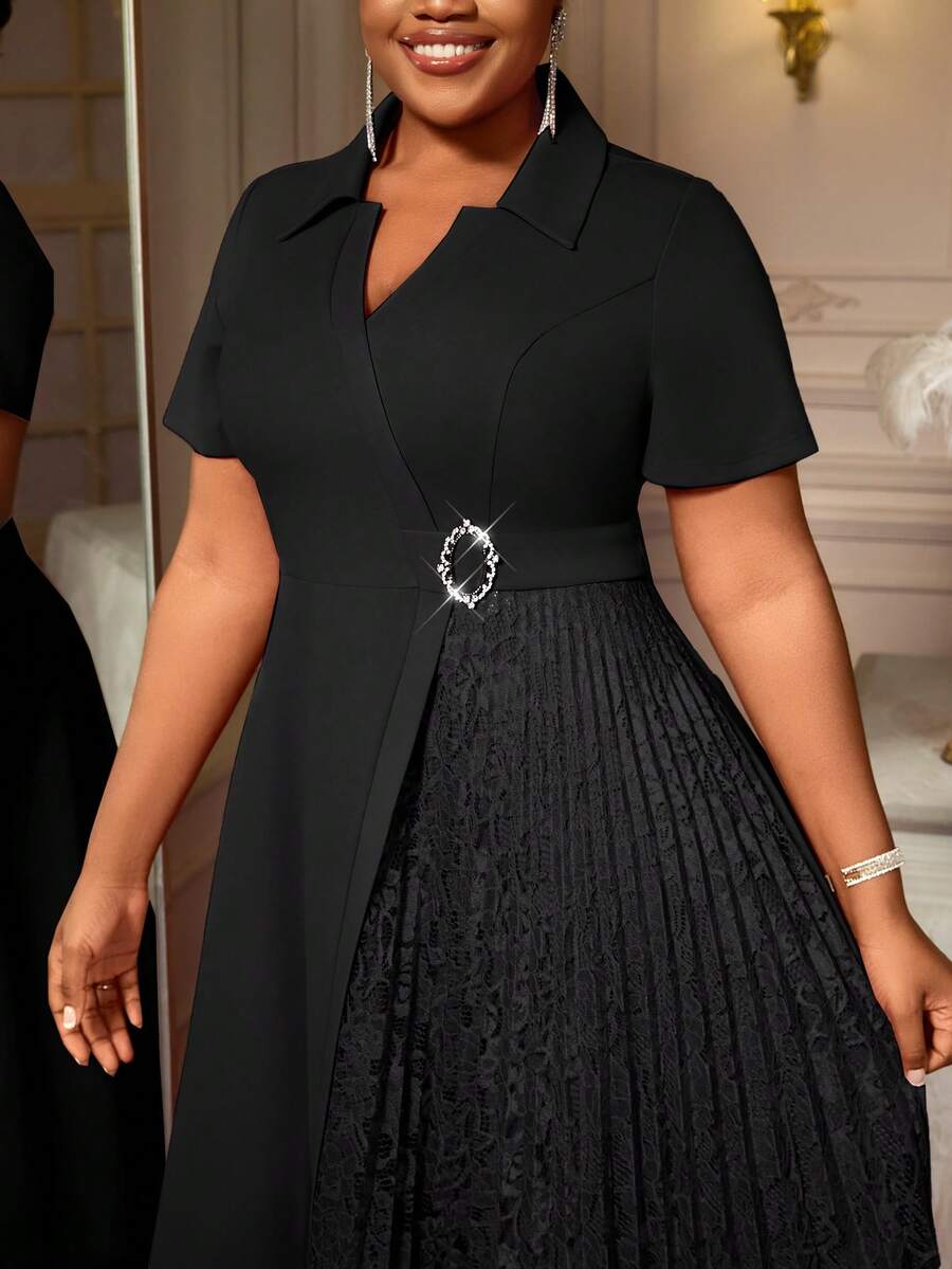 Black Turn Down Collar A Line Dresses Lace Patchwork Short Sleeves Work Business Party Fashion Curve Women - màu đen - Xem 1