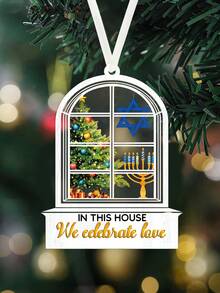 1 Stück In diesem Haus feiern wir die Liebe Menora Ornament, personalisiertes Ornament, Weihnachts-Acryl-Ornament, interfaithliche Feiertagsdekoration, interfaithliches Familiengeschenk, Heimdekoration, Weihnachtsbaum-Hängeornamente