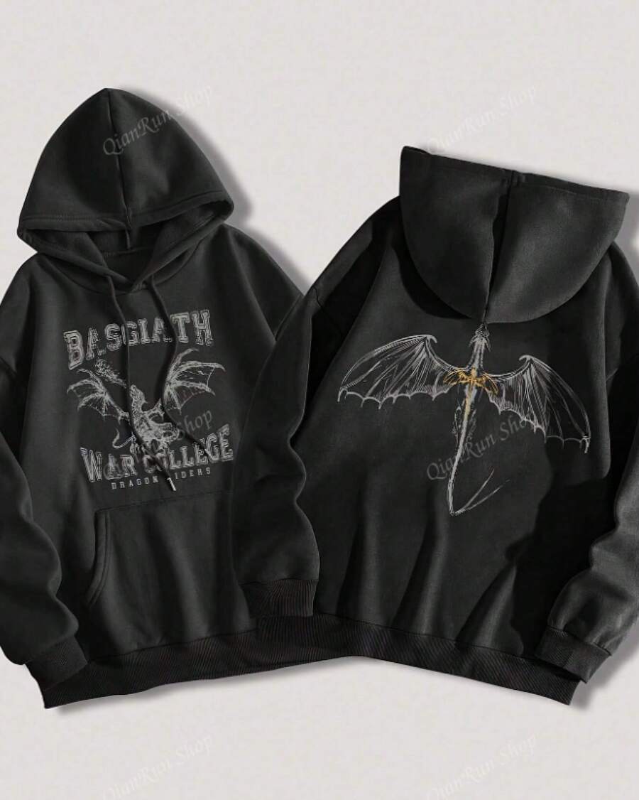 Women's Casual Fourth Wing Print Hooded Long Sleeve Sweatshirt - 黑色 - 查看 1