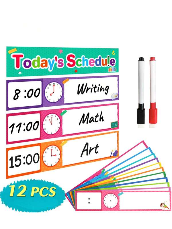 12pcs Children's Schedule Planner Wall Chart, With 2pcs Erasable Markers, DIY Visual Planning Wall Poster For Classroom Decor, Suitable For Cultivating Children's Self-Discipline