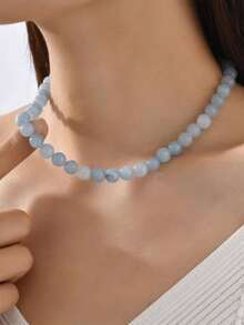 1pc Fashion Elegant Simple Lady Marine Blue Natural Stone Necklace - 藍色 - 查看 3