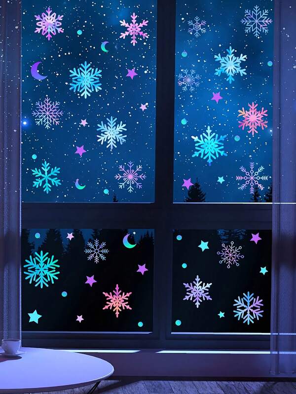 2pcs/Set Glowing Christmas Wall Stickers, Snowflakes, Moon Stars Luminous, Snowflake Design, Self-Adhesive Removable PVC Material, Suitable For Bedroom, Living Room, Glass, Home Decoration, Christmas Decoration, Holiday Wall Decoration, Holiday Home Decoration