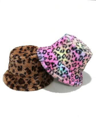 1pc Women's Autumn/Winter Leopard Print Fleece Bucket Hat, Thick Warm Lining, Loose Fit, Fashionable & Casual, Windproof Ear Protection, Suitable For Themed Parties, Winter Photoshoots, Daily Outings, Gatherings With Friends, Holiday Events, Cold-Weather Accessory