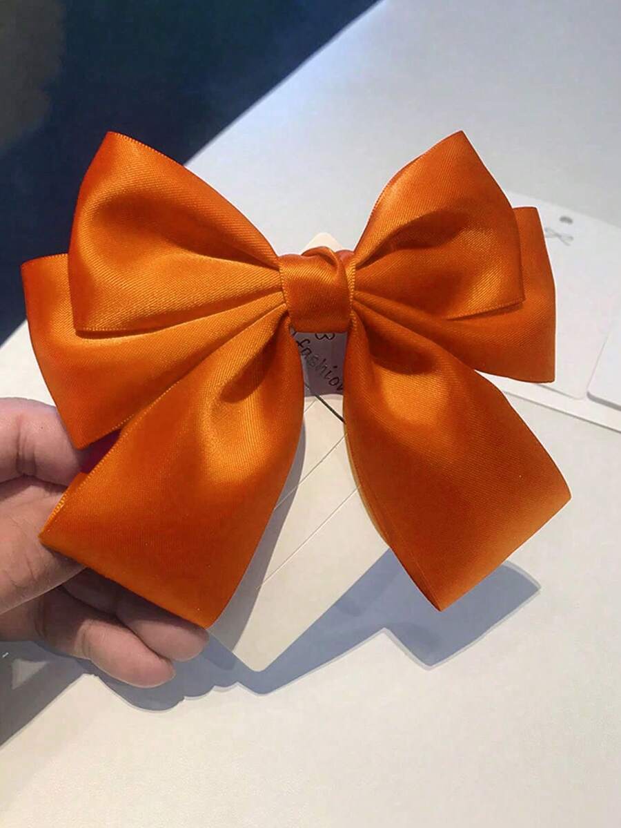 1pc Women/Girls Bowknot Hair Accessory, Cute Satin Bow Hair Clip, Long Tail Retro Hair Decoration, Metal Butterfly Hair Clip, Essential For Back To School Season - Orange - View 1