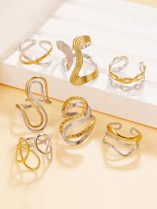 1pc Elegant Hollow Geometric Streamlined Open Stainless Steel Ring, Versatile Multi-Element Band, 18K Gold Vacuum Plating, Waterproof Accessory For Women, Party Wear