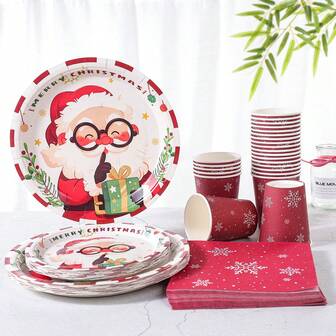 7/9 英寸一次性圣诞派对纸盘，带有圣诞老人手持礼物的设计，包括一次性纸杯、盘子、餐巾，适合 10/24 位客人，非常适合节日庆祝活动、圣诞装饰和派对用品
