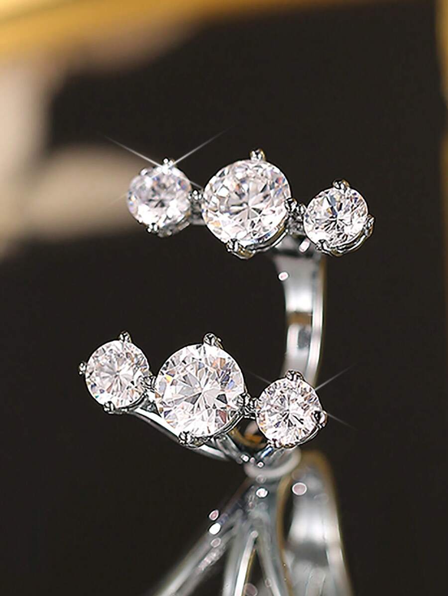 1 pieza Anillo de mujer de estilo simple y elegante con incrustación de circonita cúbica redonda abierta, regalo para compromiso, San Valentín, Navidad, de cobre